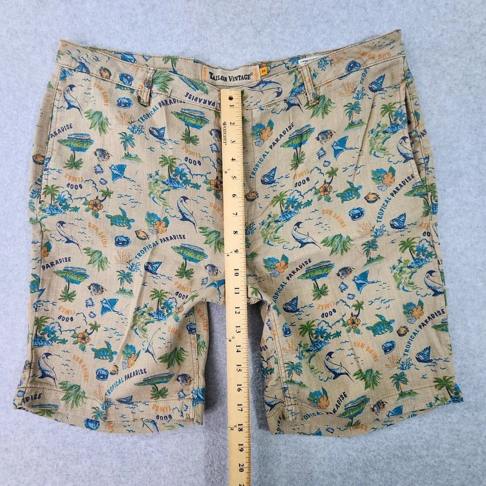 Tailor Vintage Shorts Mens 38x9 Tan Paradise Time Linen Blend Greenwich Slim Fit